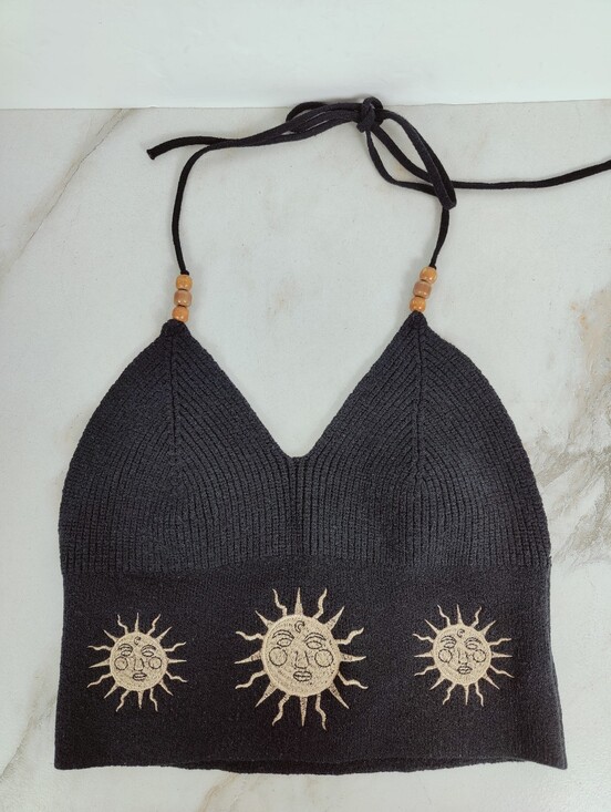 Source Unknown Tops - Hippie Embroidered Sun Black Knit Halter Top, Sz S